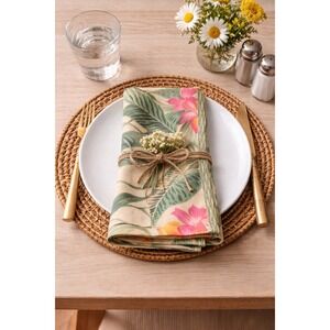 Set of 3 Tropical Floral Cotton Napkins Hibiscus Palm Leaf Botanical RN 32293